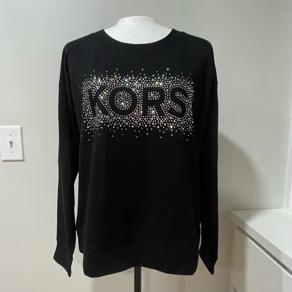NWT Michael Kors Logo Sweatshirt Black Silver Rhinestones Bling Jet Set Glamour